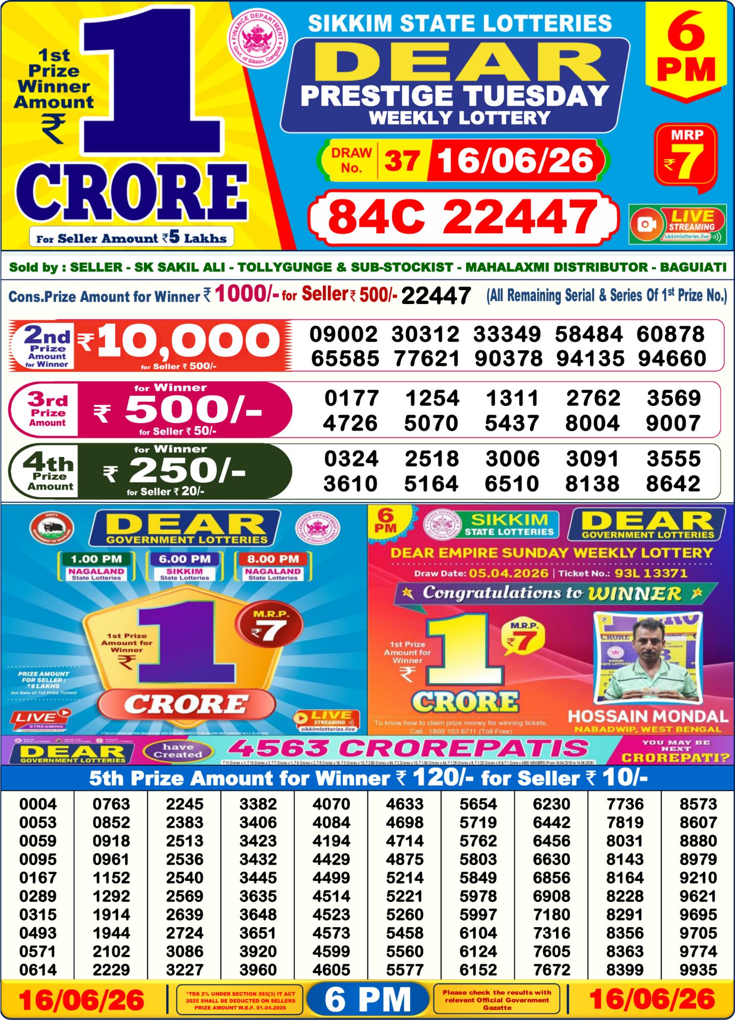 Dear Lottery 6PM Result