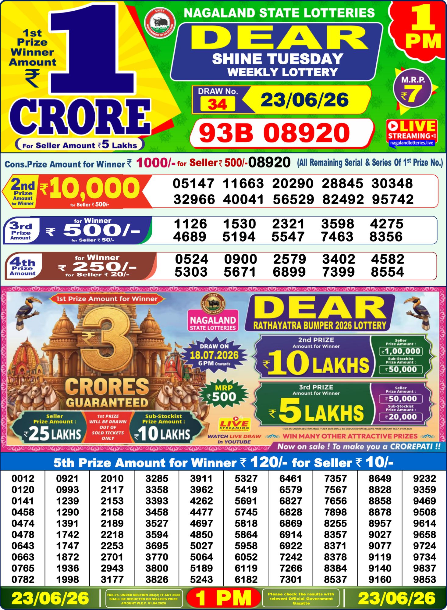 Dear Lottery 1PM Result
