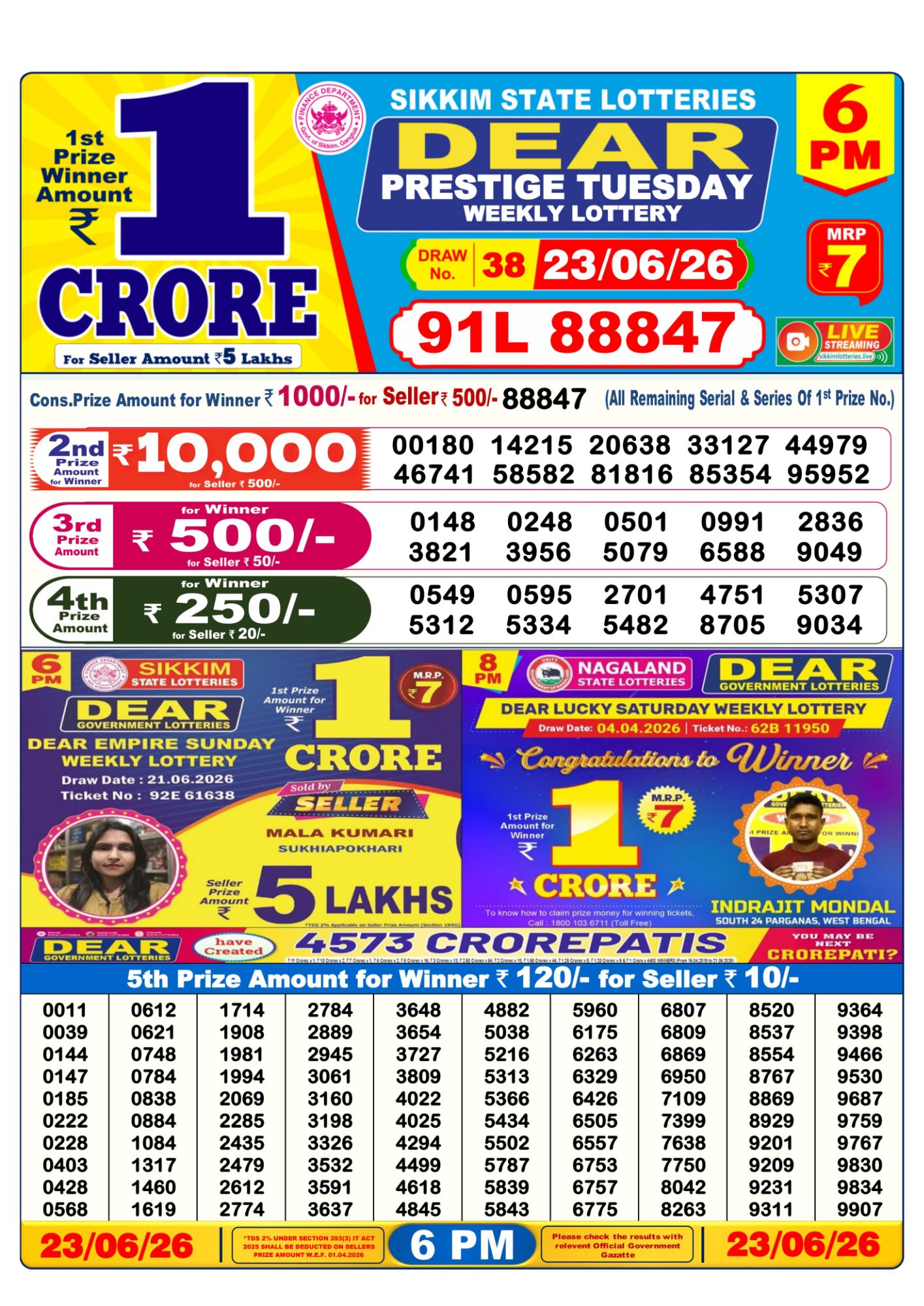 Dear Lottery 6PM Result