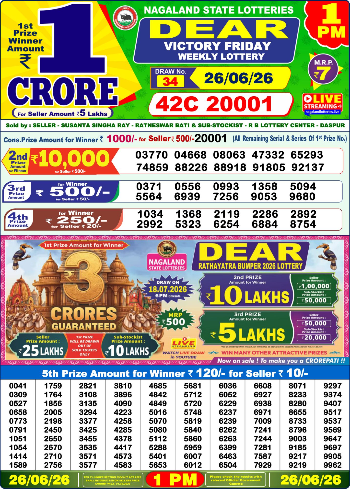 Dear Lottery 1PM Result
