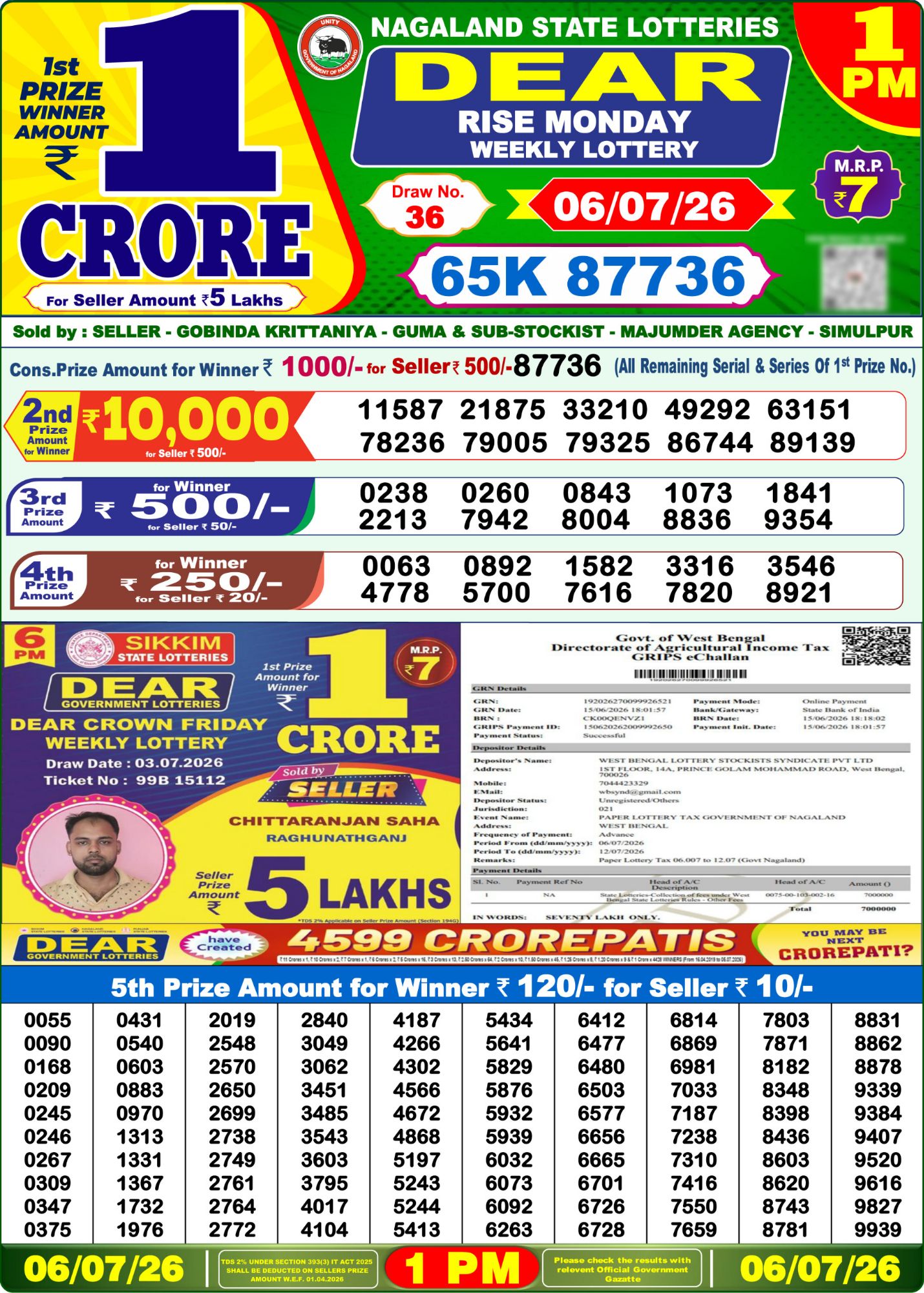 Dear Lottery 1PM Result