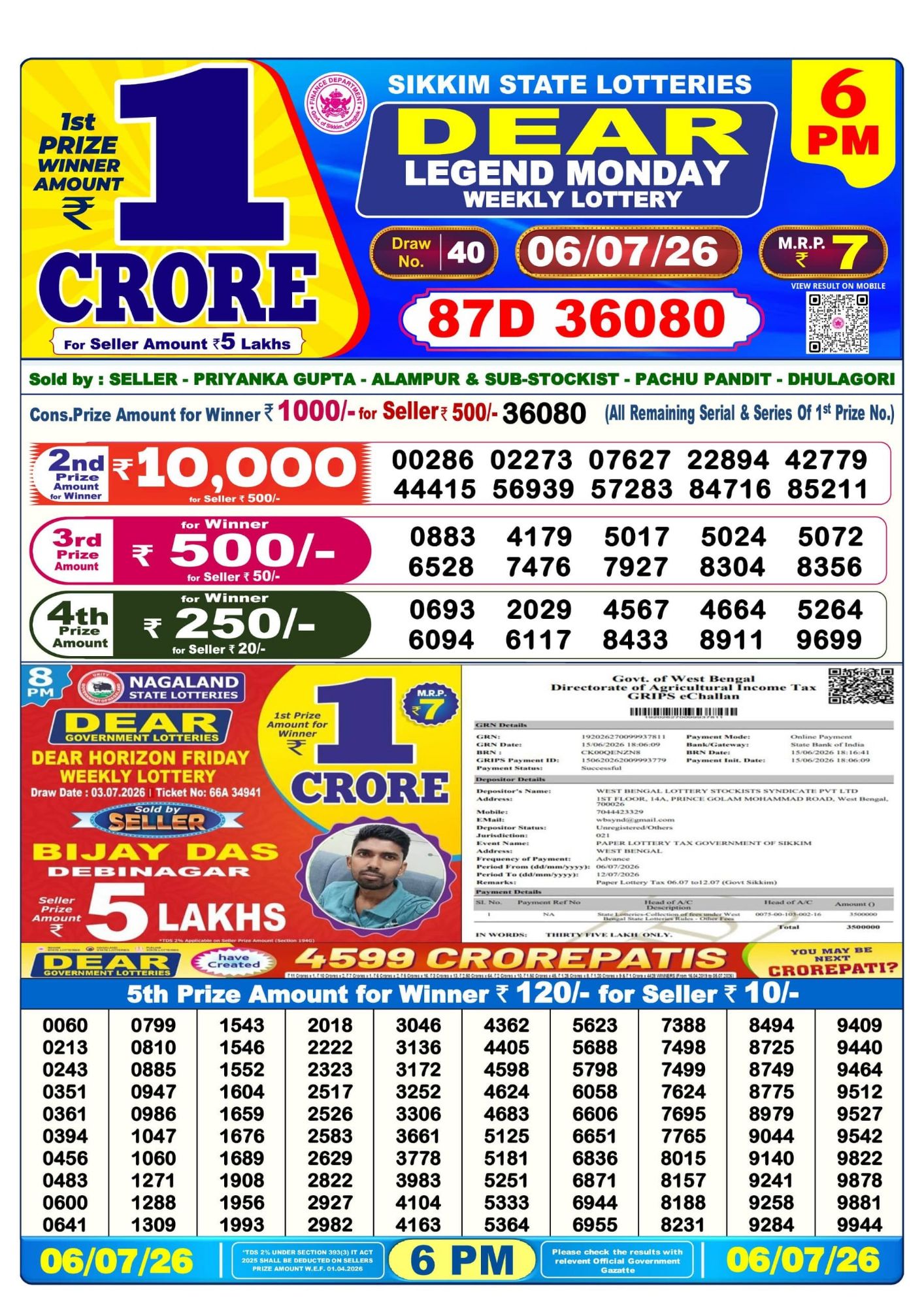 Dear Lottery 6PM Result