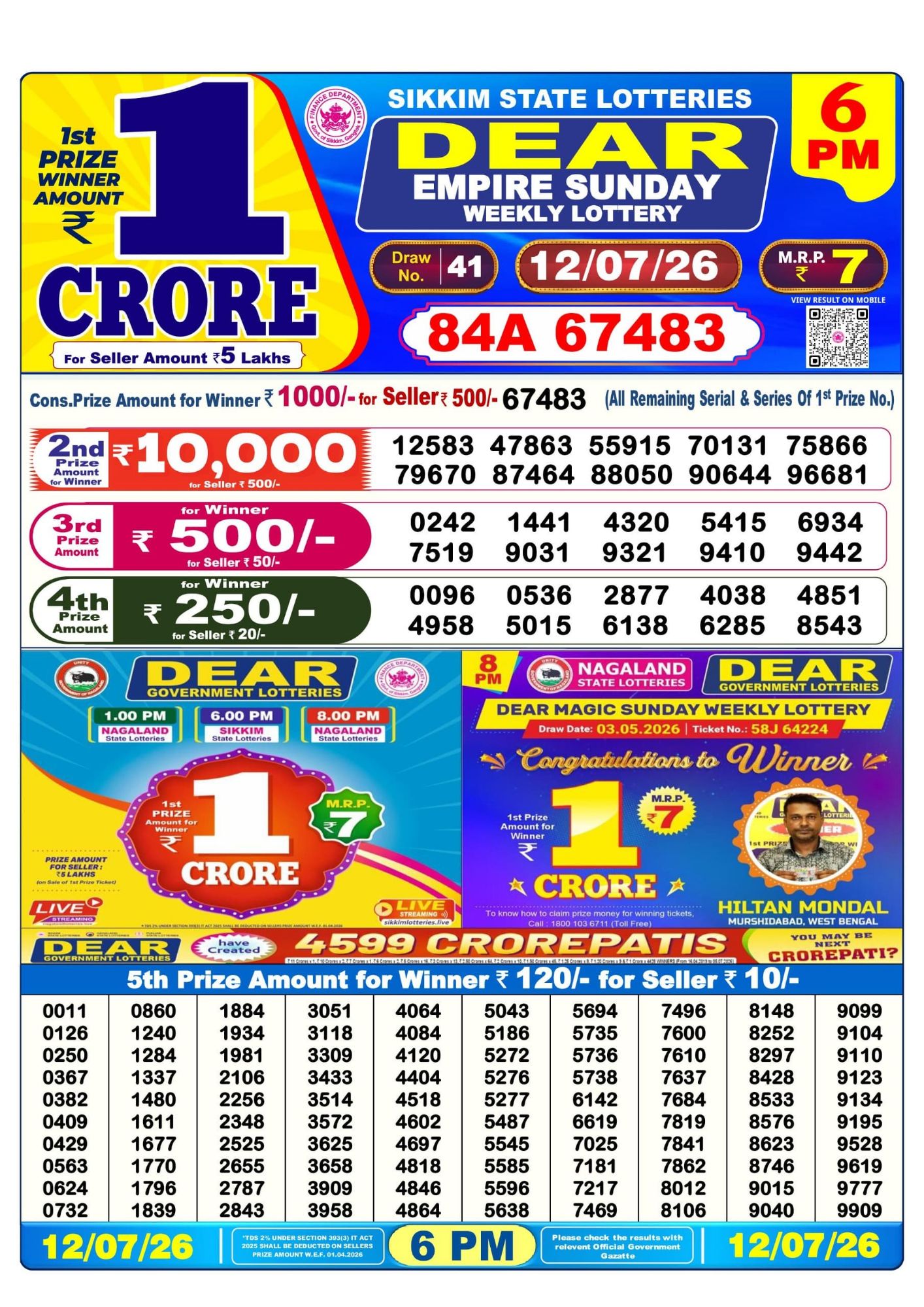 Dear Lottery 6PM Result